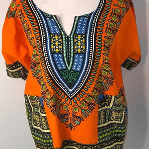 Lapogee, L,orange multicolored‎ pocketed dashiki skirt, crewneck with open yoke